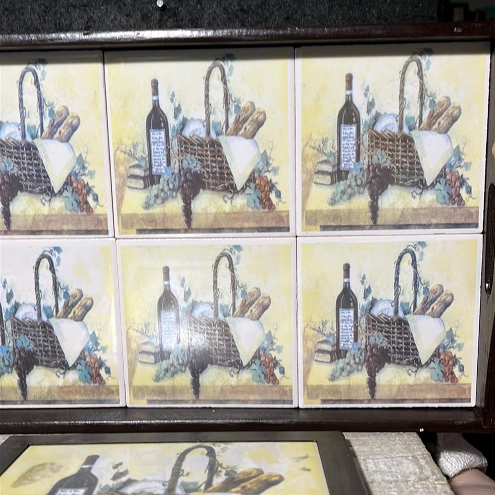 Wine Themed Decorative Accent Porcelain Tile Tray, Trivet, 3 Coasters